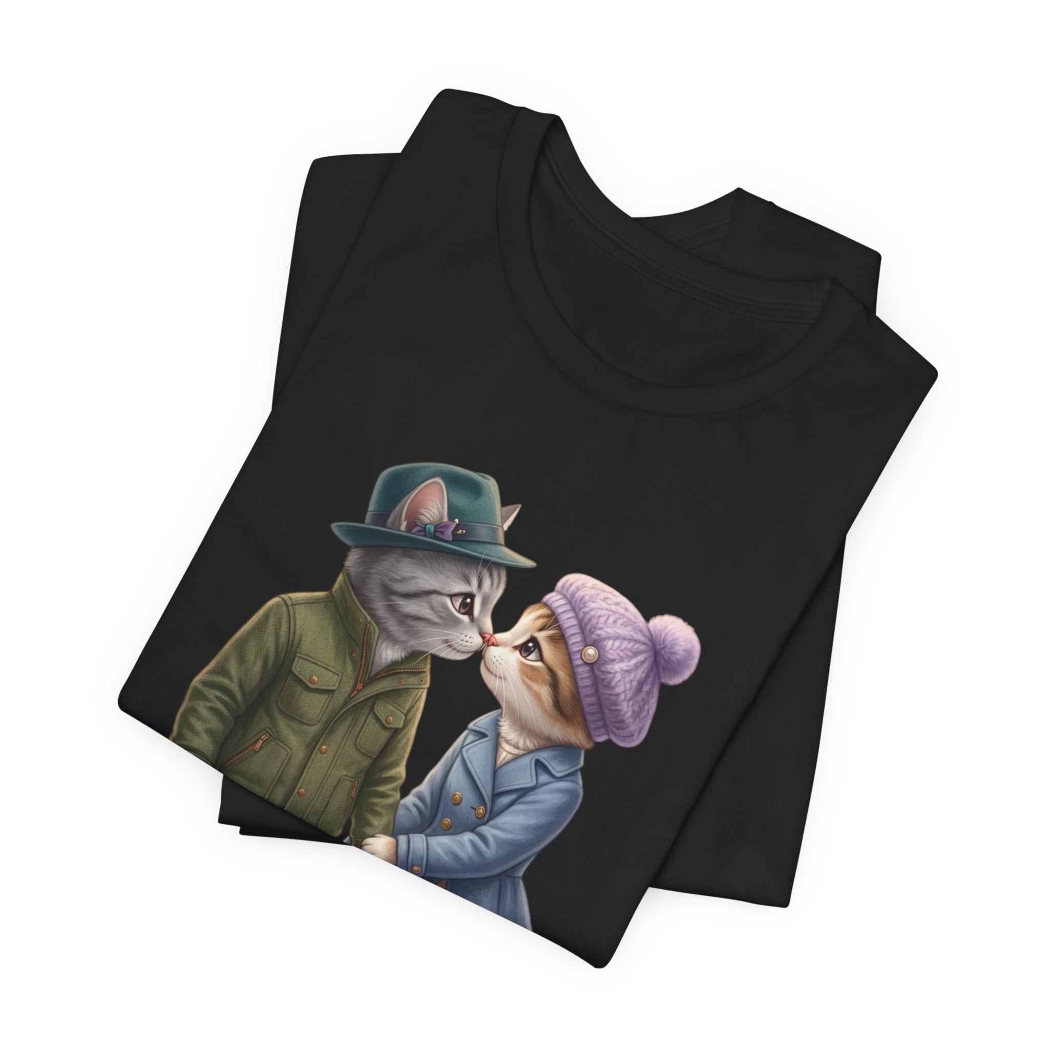 Cozy Cat Couple Tee — Cute Winter Cats Holding Hands Graphic T-Shirt