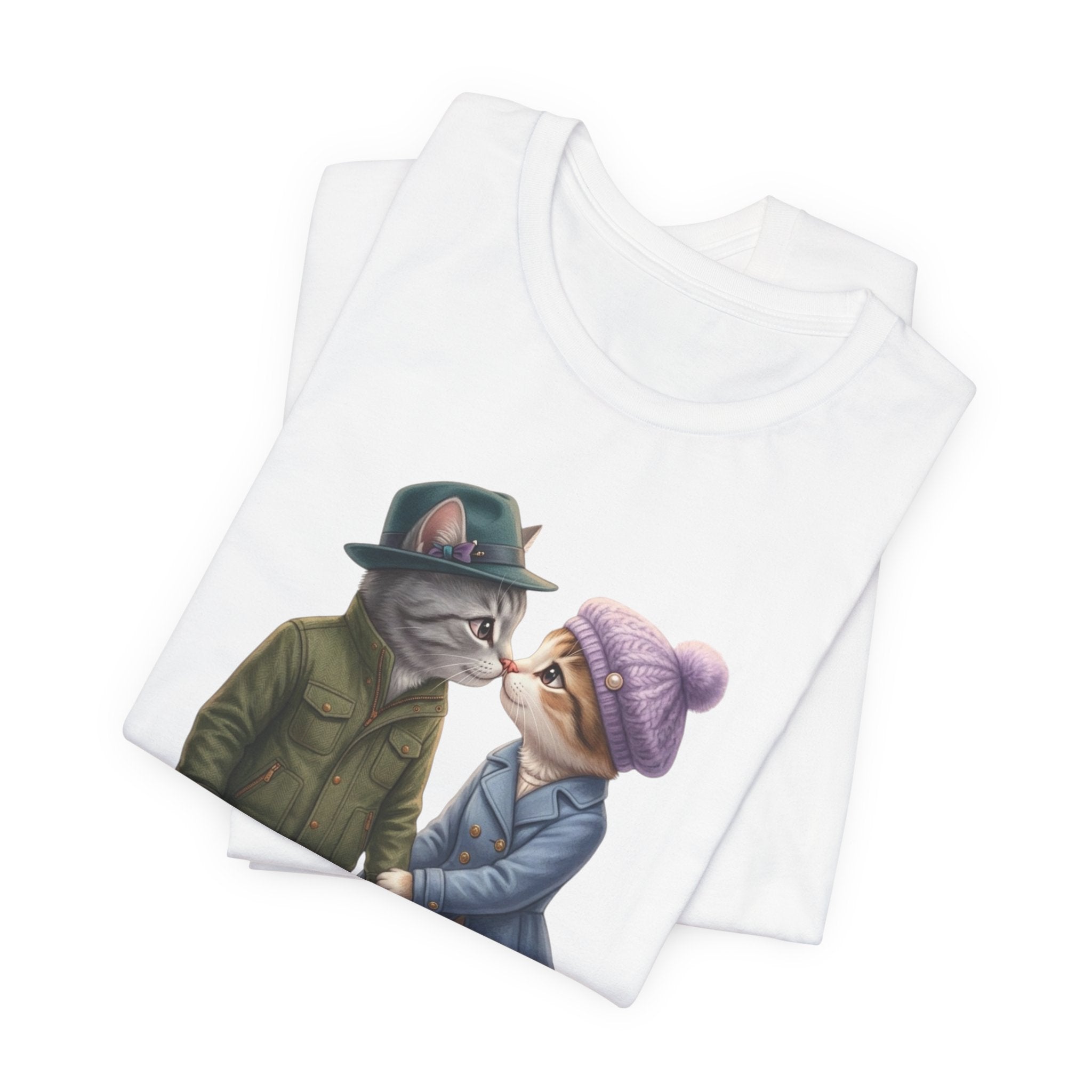 Cozy Cat Couple Tee — Cute Winter Cats Holding Hands Graphic T-Shirt