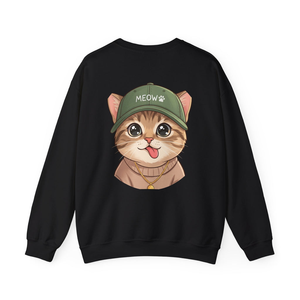 Cat Face Crewneck Sweatshirt – Cute Kitten in 'MEOW' Cap