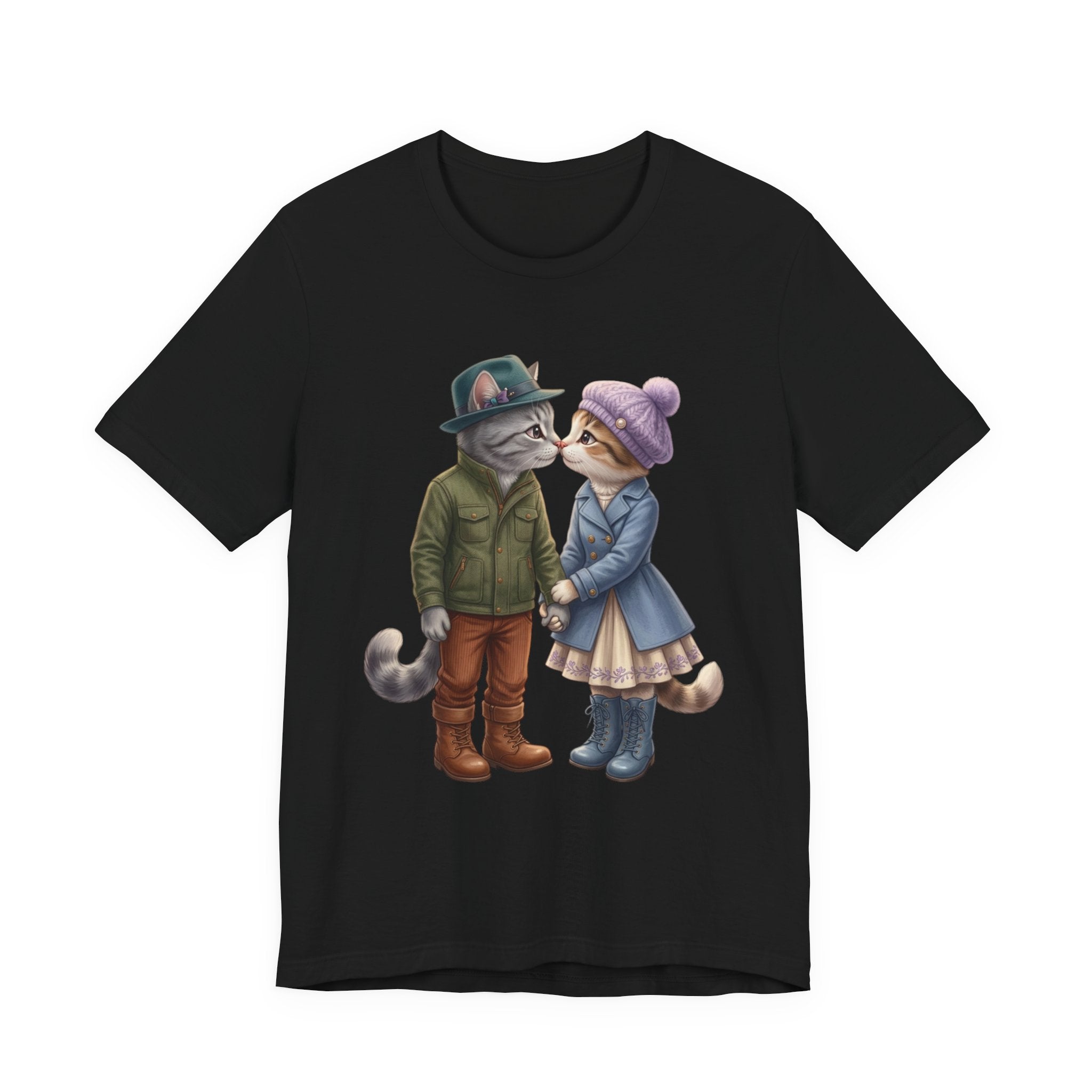 Cozy Cat Couple Tee — Cute Winter Cats Holding Hands Graphic T-Shirt
