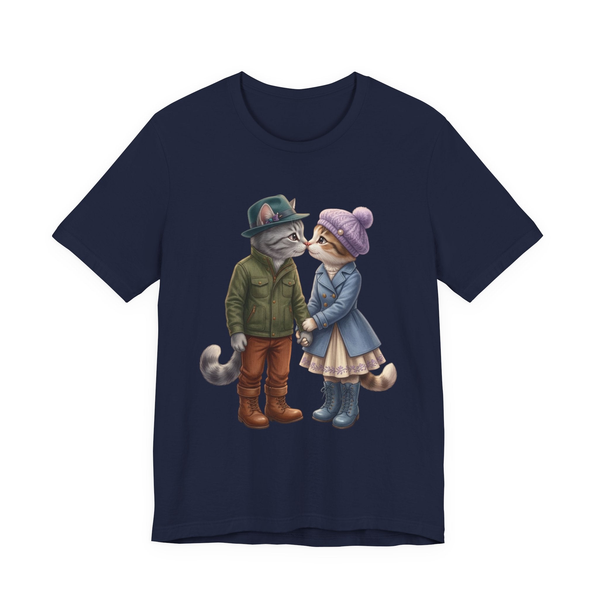 Cozy Cat Couple Tee — Cute Winter Cats Holding Hands Graphic T-Shirt
