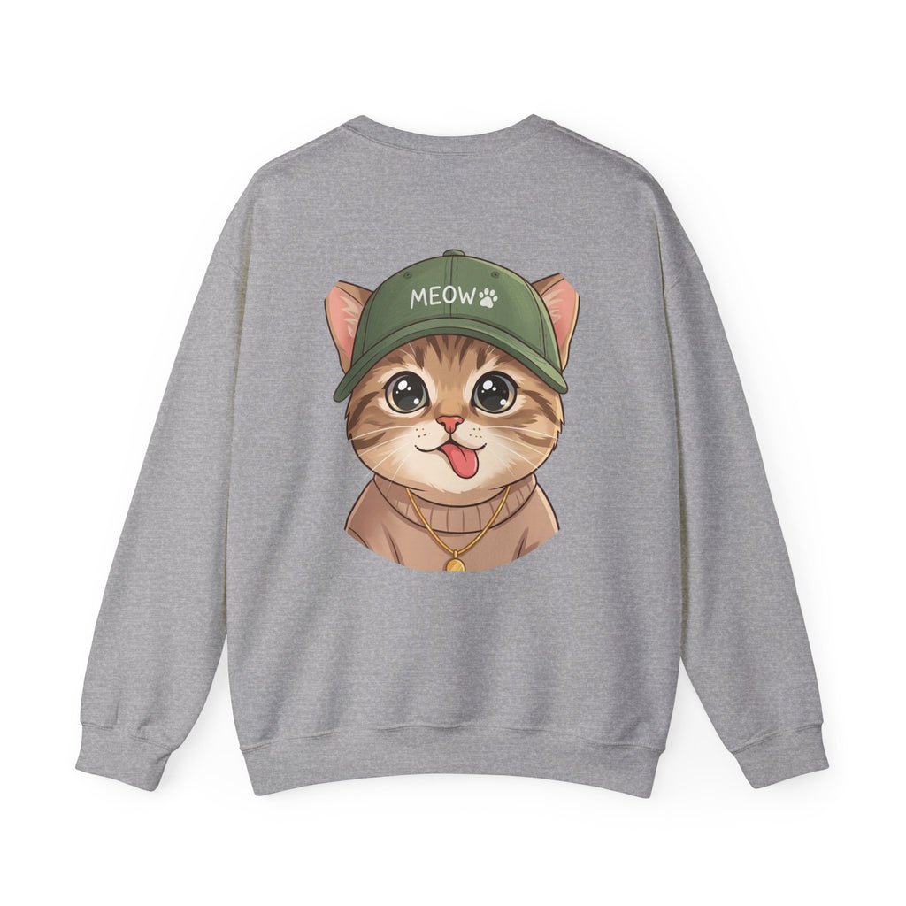 Cat Face Crewneck Sweatshirt – Cute Kitten in 'MEOW' Cap