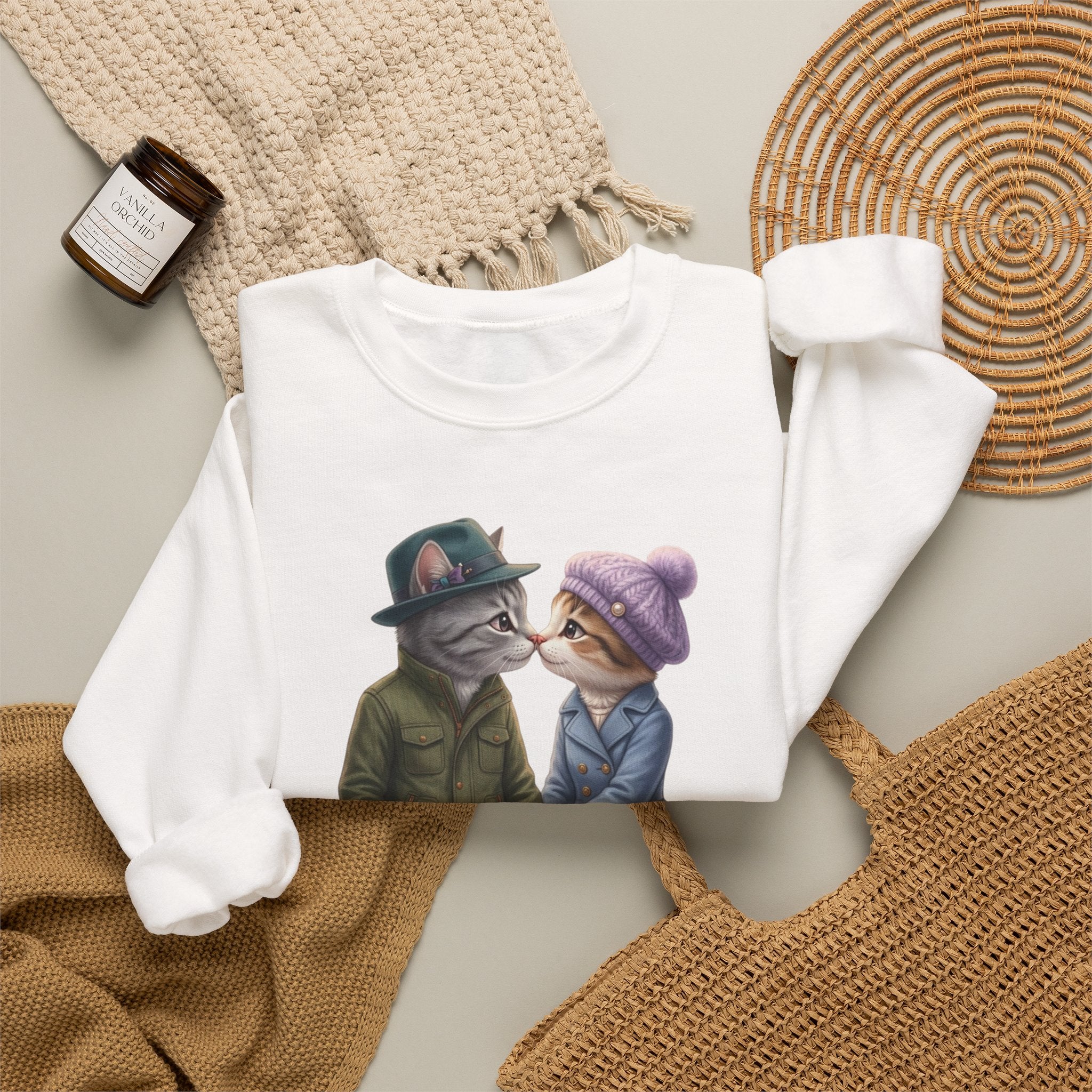Cat Couple Crewneck Sweatshirt – Cozy Romantic Cat Illustration